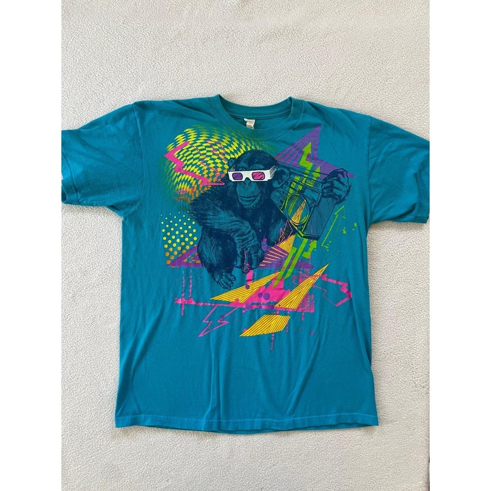 90s Vintage USA Soft Spun Mens Large T-Shirt Teal Blue Chimp‎ 3D Glasses Boombox